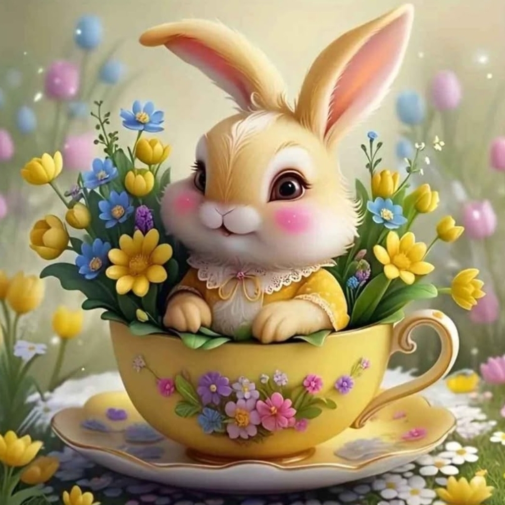 11.8x11.8 DIY Cute Bunny In Floral Tea Cup Diamond Art Painting Kit